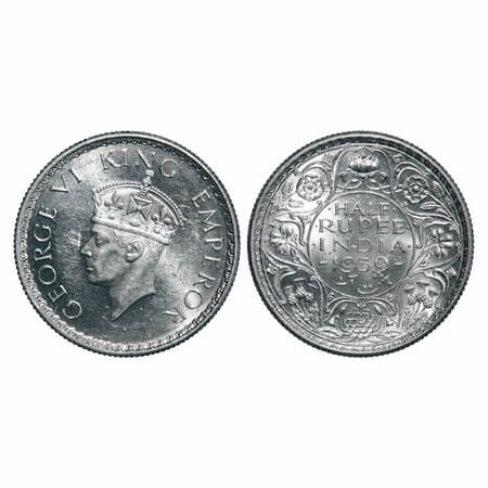 George VI, Silver, Half Rupee, 1939, Calcutta Mint, A(a)/I, No dot, Head Type II, Milled e