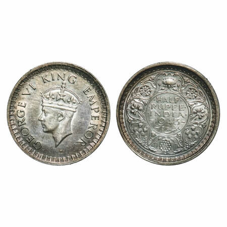 George VI, Half Silver, Half Rupee, 1943, Bombay Mint, B/III, Diamond, Head Type II, Secur