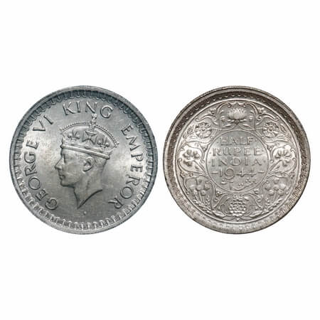 George VI, Half Silver, Half Rupee, 1944, Bombay Mint, B/III, Diamond, Head Type II, Scuri