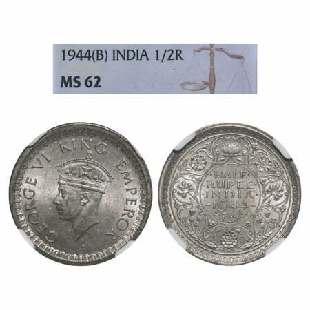 George VI, Half Silver, Half Rupee, 1944, Bombay Mint, B/III, Dot, Head Type II, Security 
