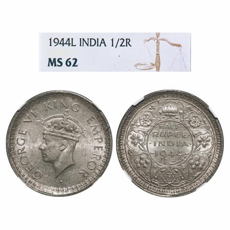 George VI, Half Silver, Half Rupee, 1944, Lahore Mint, B/II, 'L' raised, Head Type II, Sec