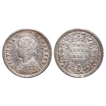 Victoria Empress, Silver, 2 Annas, 1889, Bombay Mint, B/II, 'B' incused. F. Prid 542. GK 7