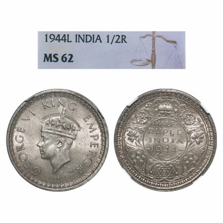 George VI, Half Silver, Half Rupee, 1944, Lahore Mint, B/II, 'L' raised, Head Type II, Sec