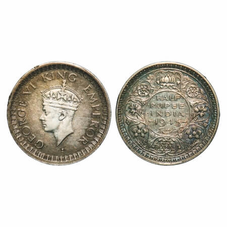 George VI, Half Silver, Half Rupee, 1945, Bombay Mint, B/II, Dot, Head Type II, Security e