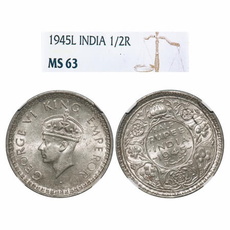 George VI, Half Silver, Half Rupee, 1945, Lahore Mint, B/II, 'L' raised, Head Type II, Sec