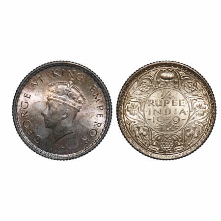 George VI, Silver, 1/4 Rupee, 1939, Bombay Mint, Head Type I, Rev I, Dot, Milled edge. F. 