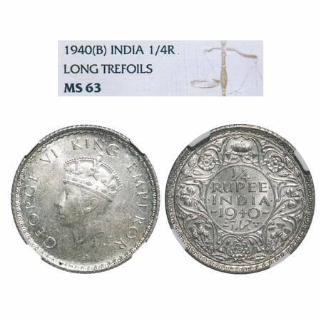 George VI, Half Silver, 1/4 Rupee, 1940, Bombay Mint, Dot, Head Type I, Rev I, Milled edge