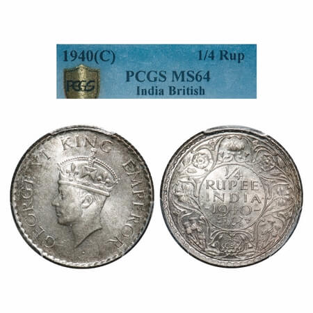 George VI, Half Silver, 1/4 Rupee, 1940, Calcutta Mint, Head Type II, Rev I, No dot, Mille