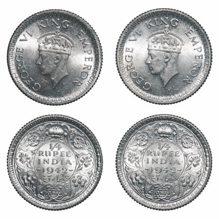 George VI, Half Silver, 1/4 Rupee, (2 coins), 1942, Calcutta Mint, No dot, Head Type II, R