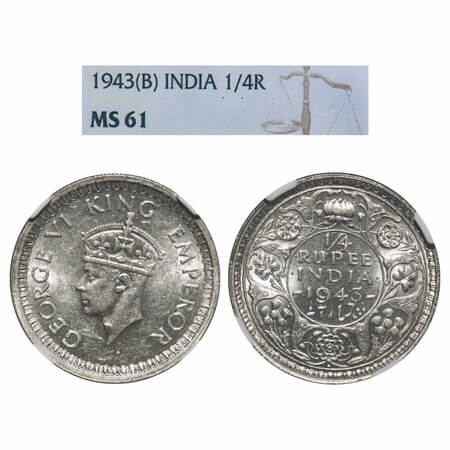 George VI, Half Silver, 1/4 Rupee, 1943, Bombay Mint, Dot, Head Type II, Rev II, Security 