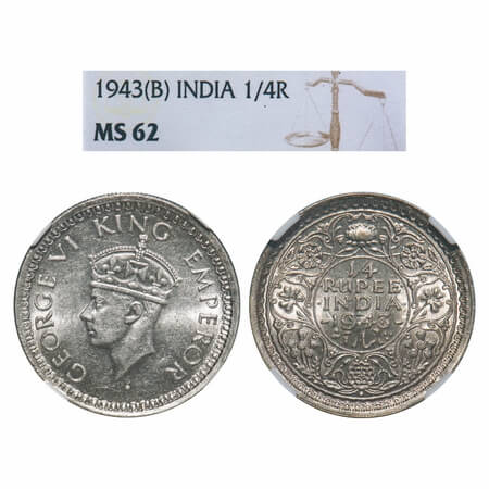 George VI, Half Silver, 1/4 Rupee, 1943, Bombay Mint, Diamond, Head Type II, Rev III, Secu