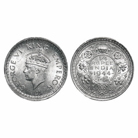 George VI, Half Silver, 1/4 Rupee, 1944, Bombay Mint, Dot, Head Type II, Rev II, security 