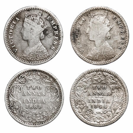 Victoria Empress, Silver, 2 Annas, (2 coins), 1) 1889, Bombay Mint, B/II, 'B' incused, 2) 
