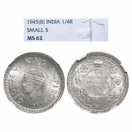 George VI, Half Silver, 1/4 Rupee, 1945, Bombay Mint, Dot, Head Type II, Rev II, Security 