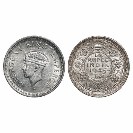 George VI, Half Silver, 1/4 Rupee, 1945, Bombay Mint, Dot, Head Type II, Rev II, Security 