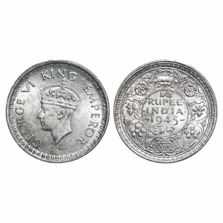 George VI, Half Silver, 1/4 Rupee, 1945, Bombay Mint, Dot, Head Type II, Rev II, Security 