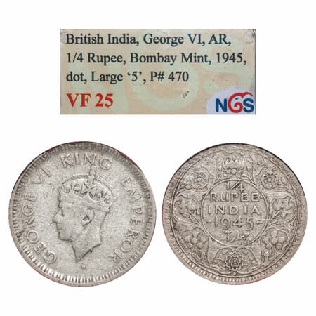 George VI, Half Silver, 1/4 Rupee, 1945, Bombay Mint, Dot, Head Type II, Rev II, Security 