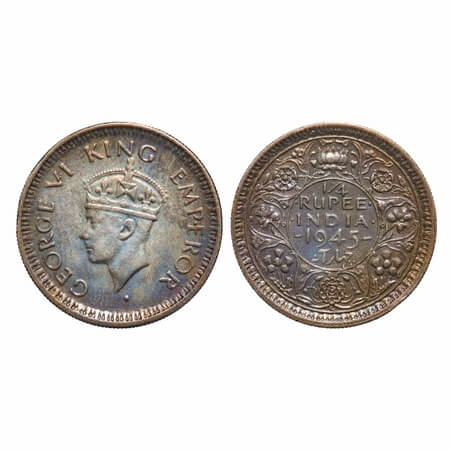 George VI, Half Silver, 1/4 Rupee, 1945, Lahore Mint, Head Type II, Rev II, Security edge,