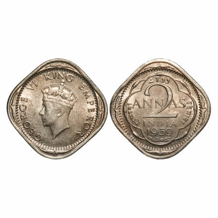 George VI, Copper-Nickel, 2 Annas, 1939, Bombay Mint, Dots by year, Head Type I, Dots by y