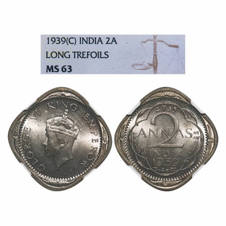 George VI, Copper-Nickel, 2 Annas, 1939, Calcutta Mint, No dots by year, Head Type I. F. P