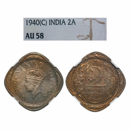 George VI, Copper-Nickel, 2 Annas, 1940, Calcutta Mint, No dots by year, Head Type II. F. 