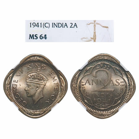George VI, Copper-Nickel, 2 Annas, 1941, Calcutta Mint, No dots by year, Head Type II. F. 