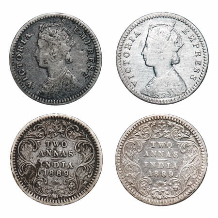 Victoria Empress, Silver, 2 Annas, (2 coins), 1889(2), Calcutta Mint, B/II, 'C' incused. F