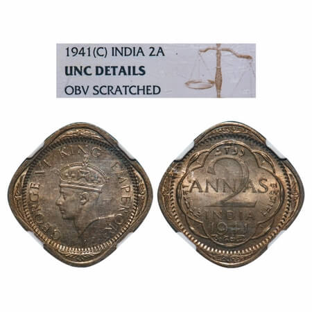 George VI, Copper-Nickel, 2 Annas, 1941, Calcutta Mint, No dots by year, Head Type II. F. 