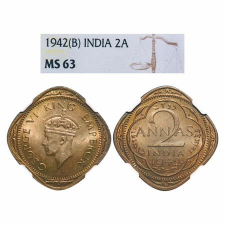 George VI, Nickel-Brass, 2 Annas, 1942, Bombay Mint, Dots by year, Head Type II, Large num