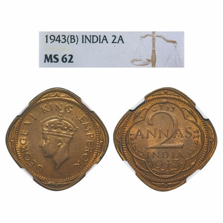George VI, Nickel-Brass, 2 Annas, 1943, Bombay Mint, Dots by year, Head Type II, Normal & 