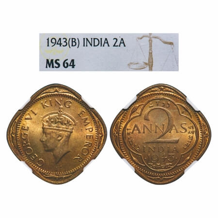 George VI, Nickel-Brass, 2 Annas, 1943, Bombay Mint, Dots by year, Head Type II, Normal & 