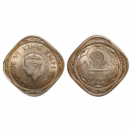 George VI, Nickel-Brass, 2 Annas, 1944, Bombay Mint, Dots by year, Head Type II, w/o tiny 