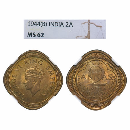George VI, Nickel-Brass, 2 Annas, 1944, Bombay Mint, Dots by year, Head Type II, Small num