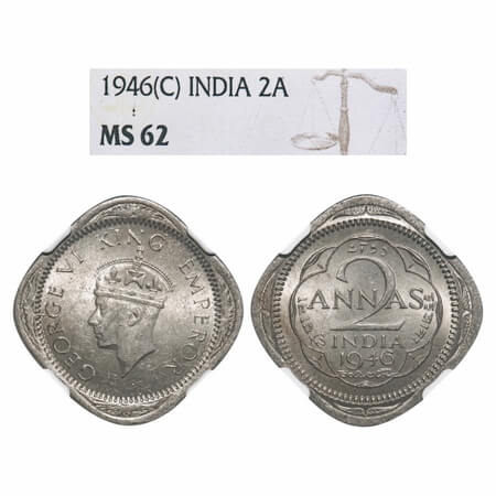 George VI, Copper-Nickel, 2 Annas, 1946, Calcutta Mint, No dots by year, Head Type II, Nor