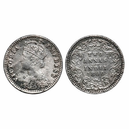 Victoria Empress, Silver, 2 Annas, 1890, Bombay Mint, B/II, 'B' raised, Small B. F. Prid 5