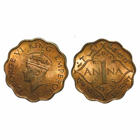 George VI, Nickel-Brass, 1 Anna, 1943, Bombay Mint, Dot, Head Type II, Large numeral 3. F.