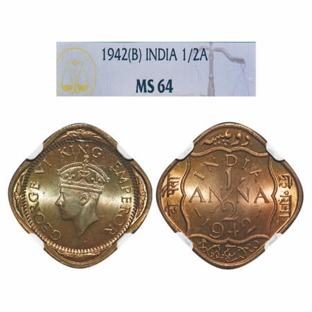 George VI, Nickel-Brass, 1/2 Anna, 1942, Bombay Mint, No dots by India, Dashes by year. F.
