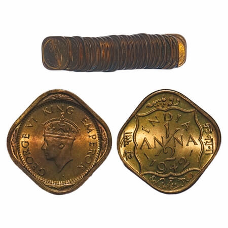 George VI, Nickel-Brass, 1/2 Anna, (lot of 24 coins), 1942, Bombay Mint, No dots by India,