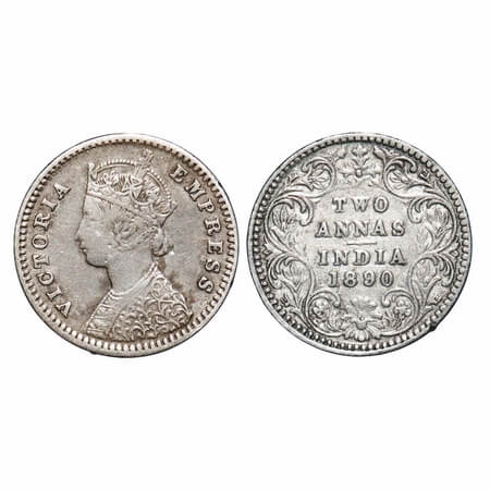 Victoria Empress, Silver, 2 Annas, 1890, Bombay Mint, B/II, 'B' raised, Big B. F. Prid 544