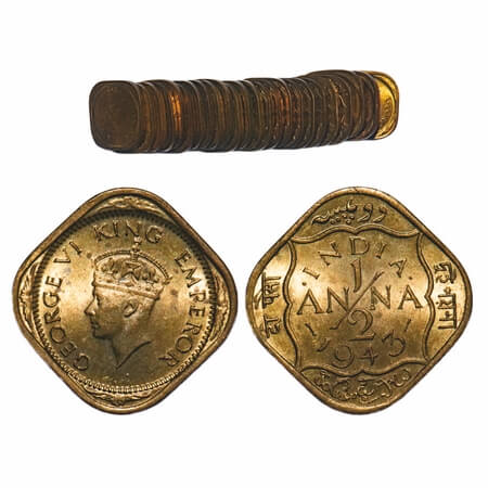 George VI, Nickel-Brass, 1/2 Anna, (lot of 24 coins), 1943, Calcutta Mint, Dots by India, 