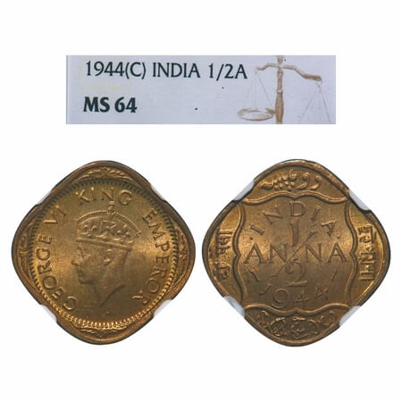 George VI, Nickel-Brass, 1/2 Anna, 1944, Calcutta Mint, Dots by India, Dashes by year. F. 