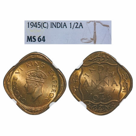 George VI, Nickel-Brass, 1/2 Anna, 1945, Calcutta Mint, Dots by India, Dashes by year. F. 