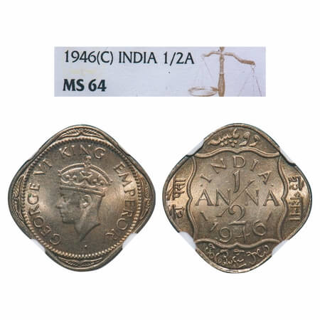 George VI, Copper-Nickel, 1/2 Anna, 1946, Calcutta Mint, Dots by India, Dashes by year. F.