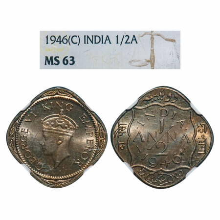 George VI, Copper-Nickel, 1/2 Anna, 1946, Calcutta Mint, Dots by India, Dashes by year. F.