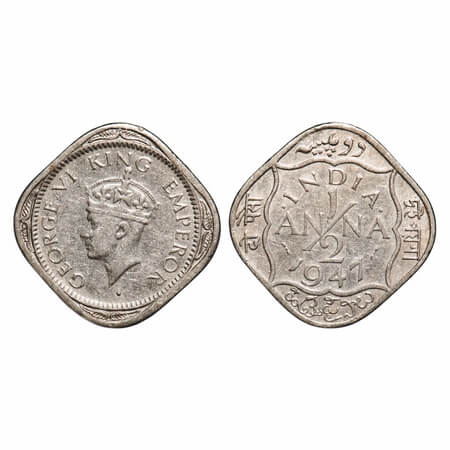 George VI, Copper-Nickel, 1/2 Anna, 1947, Bombay Mint, Dots by India, Dash-Dot-Dash. F. Pr