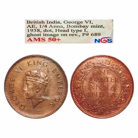 George VI, Bronze, Quarter Anna, 1938, Bombay Mint, Dot, Head Type I, Dots by 1, Small yea