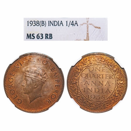 George VI, Bronze, Quarter Anna, 1938, Bombay Mint, Dot, Head Type I, Dots by 1, Small yea