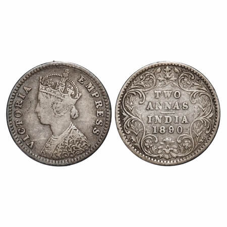 Victoria Empress, Silver, 2 Annas, 1890, Bombay Mint, B/II, 'B' incused. F. Prid 545. GK 7