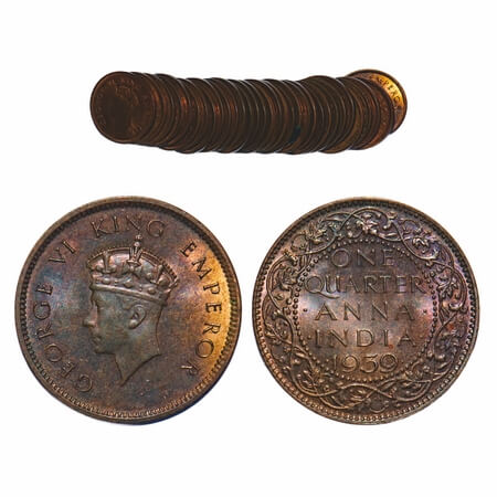 George VI, Bronze, Quarter Anna, (lot of 32 coins), 1939, Calcutta Mint, No dot, Head Type