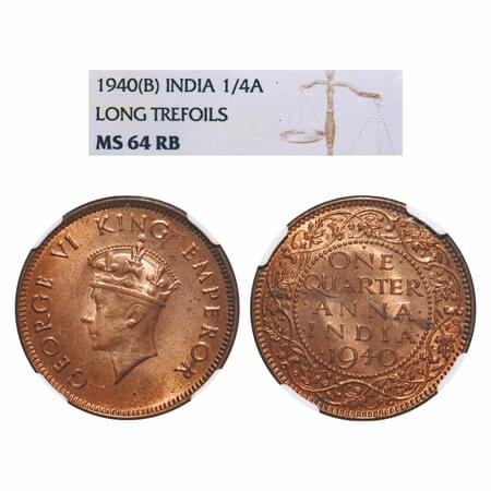 George VI, Bronze, Quarter Anna, 1940, Bombay Mint, Dot, Head Type I. F. Prid 691. GK 1425